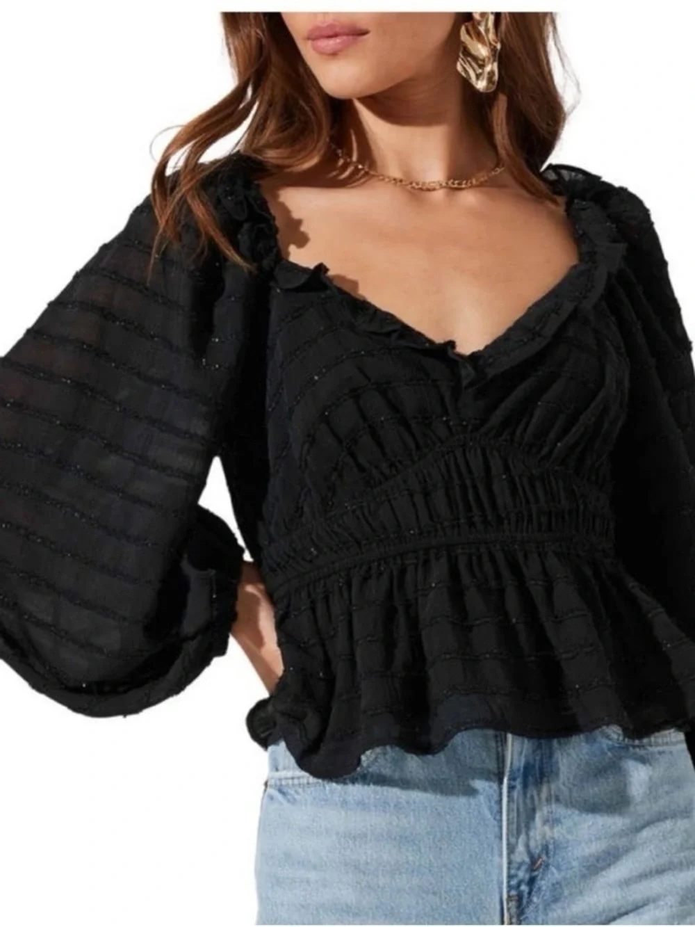 Astr Black Ruffled V-Neck Peasant Blouse